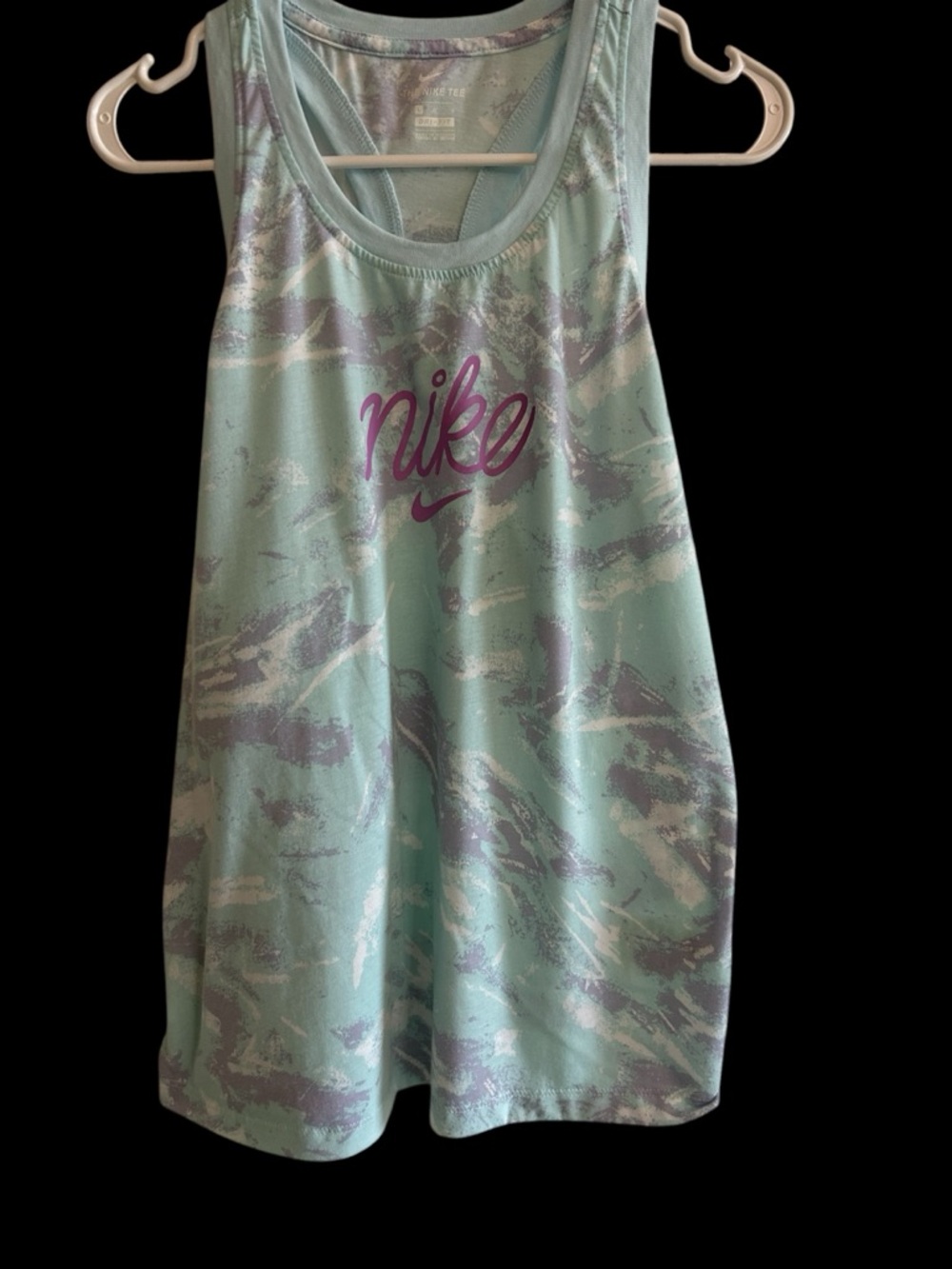 Womens Size Large Nike light Blue Tank with purple Logo and Gray Print